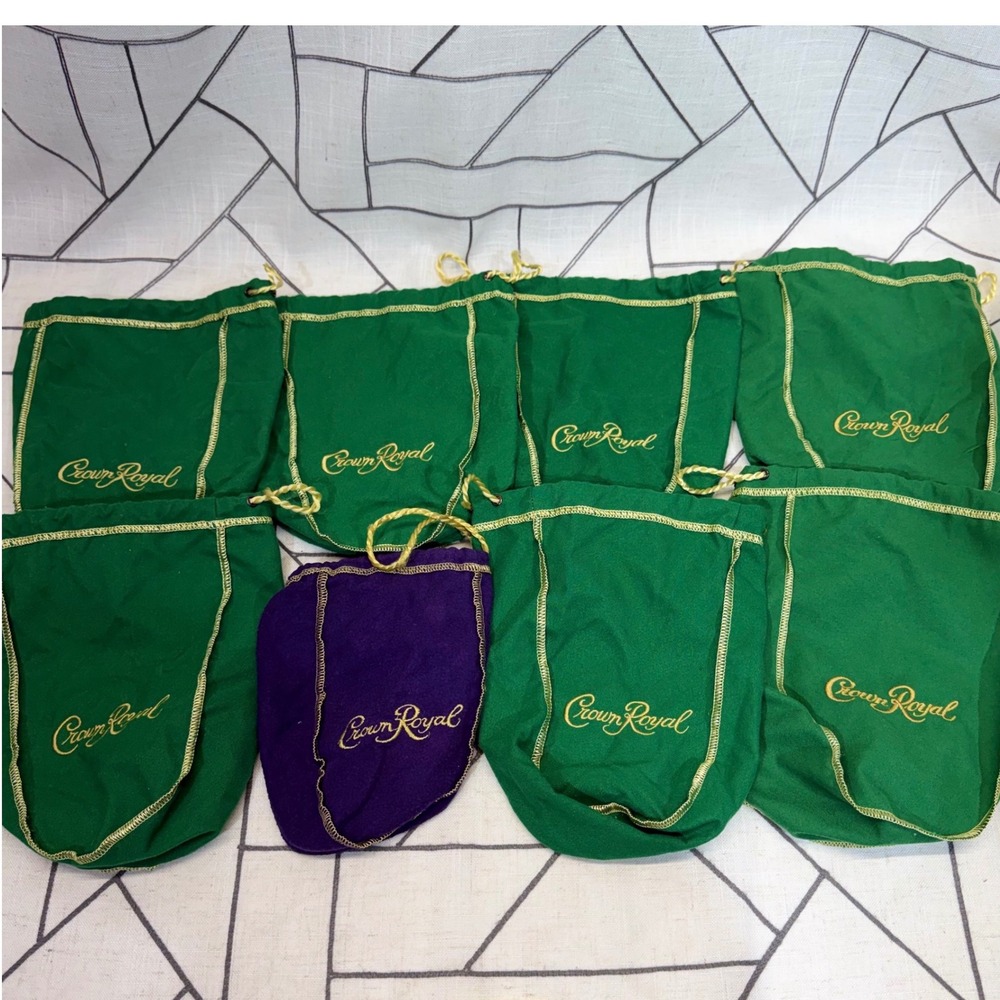 Crown Royal Drawstring Bags 9 Inch Green and Purple Lot of 8 Crafting Storage